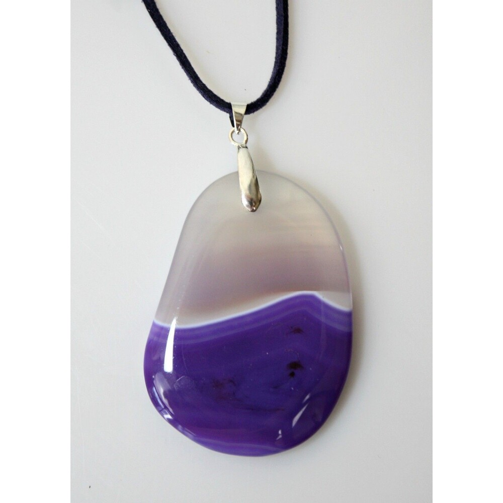 Agate Stone Pendant Statement Necklace Purple Clear White Stripe ~ Unique Gift